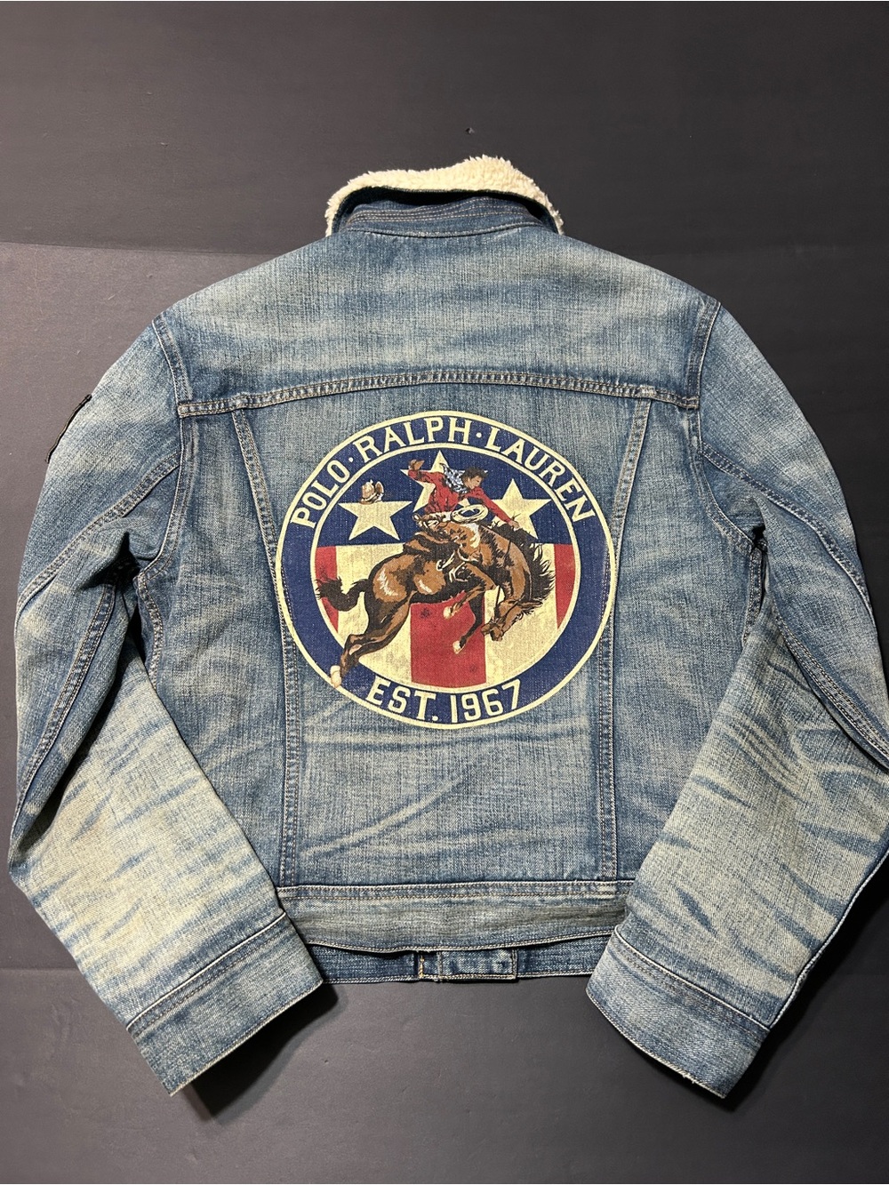 VTG  Polo Ralph Lauren Denim Jacket Cowboy Rodeo USA Flag Back Graphic Men’s /S